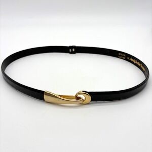 SANDY DUFTLER Black Croc Embossed Leather Belt with Gold Hook Buckle Size M